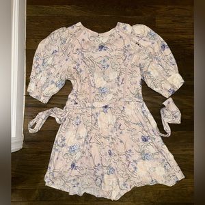 Express Floral Linen-Blend Puff Shoulder Tie Waist Romper MEDIUM Pockets
